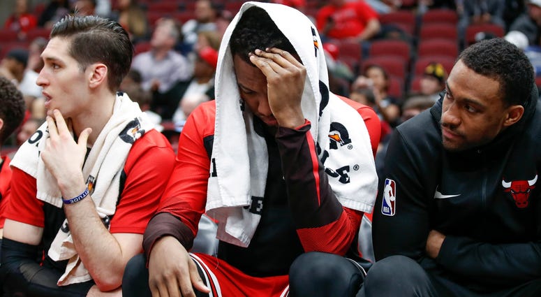 Bulls forward Wendell Carter Jr., center, reacts on the bench. Bulls forward Wendell Carter Jr., center, reacts on the bench.