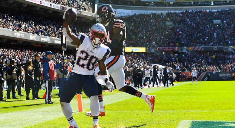 Patriots running back James White (28) makes a touchdown catch against Bears outside linebacker Leonard Floyd. Patriots running back James White (28) makes a touchdown catch against Bears outside linebacker Leonard Floyd.