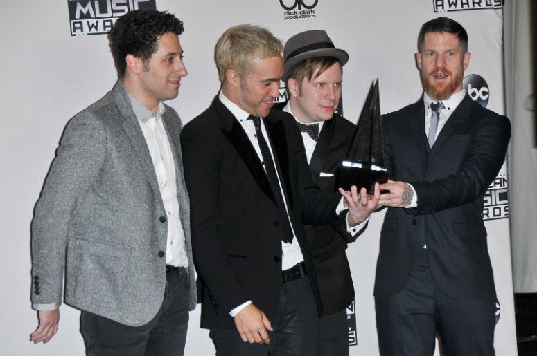 Fall Out Boy - Joe Trohman, Pete Wentz, Patrick Stump and Andy Hurley backstage at the 2015 American Music Awards Fall Out Boy - Joe Trohman, Pete Wentz, Patrick Stump and Andy Hurley backstage at the 2015 American Music Awards
