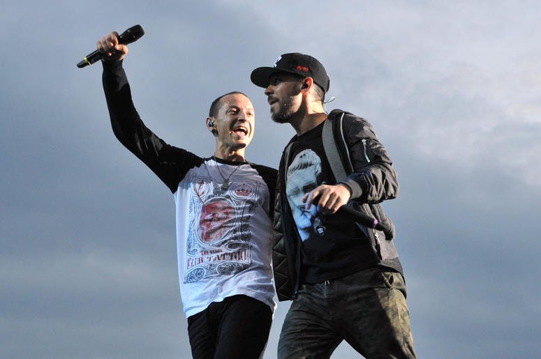 File photo dated 14/06/14 of Linkin Park's Mike Shinoda with Chester Bennington File photo dated 14/06/14 of Linkin Park's Mike Shinoda with Chester Bennington