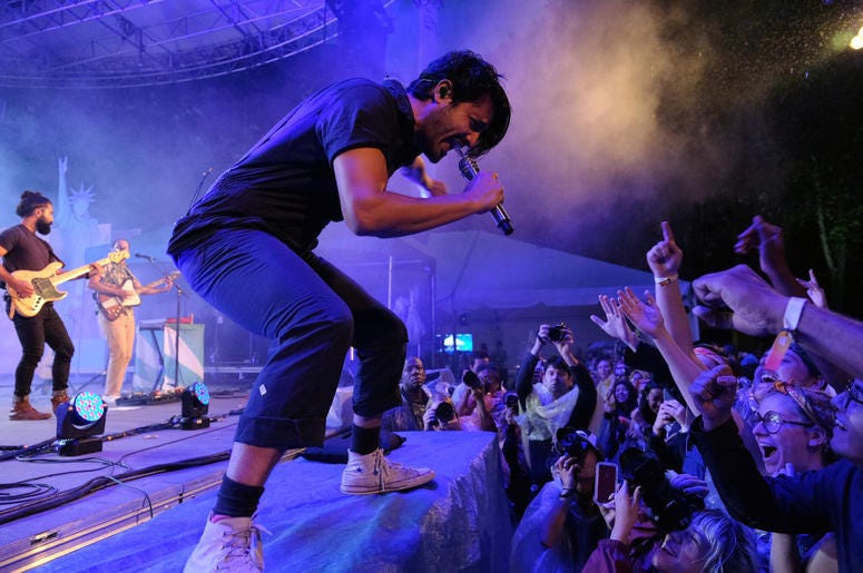 Sameer Gadhia, Jacob Tilley, Eric Cannata, Payam Doostzadeh and Francois Comtois of Young the Giant perform Sameer Gadhia, Jacob Tilley, Eric Cannata, Payam Doostzadeh and Francois Comtois of Young the Giant perform