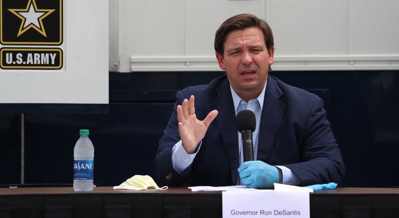 Florida Gov. Ron DeSantis speaks during a press conference at the Miami Beach Convention Center on April 08, 2020 in Miami Beach, Florida. Gov. DeSantis spoke about the U.S. Army Corp. of Engineers converting the convention center into a field hospital.
