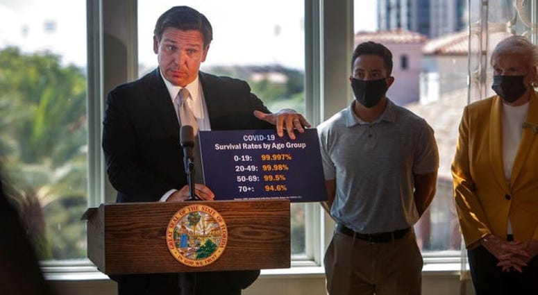 Gov. Ron DeSantis shows a card stating COVID-19 survival rates by age group as he announces phase three openings at news conference in St. Petersburg, Fla., on Friday, Sept. 25, 2020. DeSantis lifted all restrictions on restaurants and other businesses.