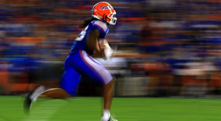 Tyrie Cleveland #89 of the Florida Gators runs after a catch during a game at Ben Hill Griffin Stadium on November 30, 2019 in Gainesville