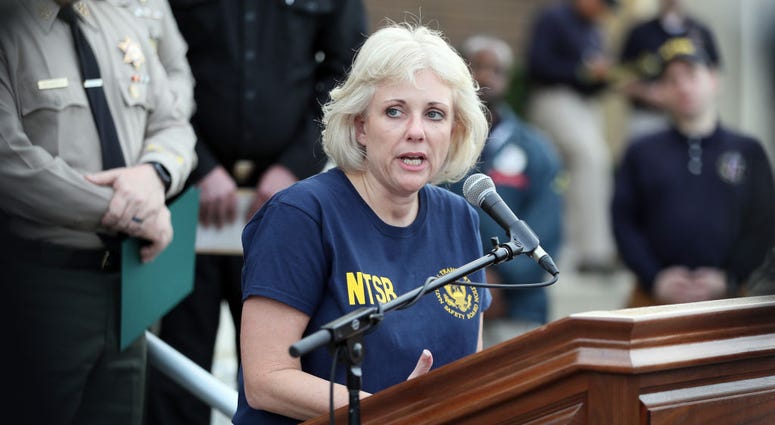 Jennifer Homendy of the National Transportation Safety Board speaks at a news conference on the helicopter crash that yesterday claimed the lives of NBA great Kobe Bryant, his daughter Gianna, 13, and seven others January 27, 2020 in Calabasas, California