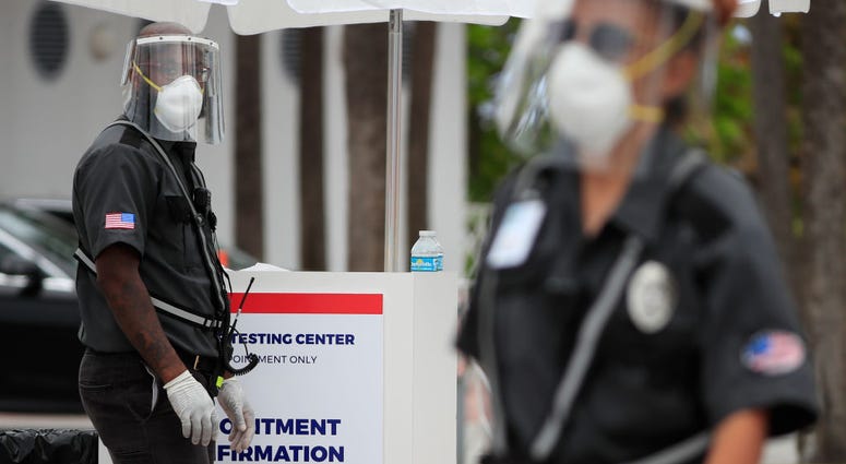 Security guards look on from the City of Miami Beach’s municipal parking lot located at 4621 Collins Avenue which houses a MedRite COVID-19 testing site on April 05, 2020 in Miami Beach, Florida.