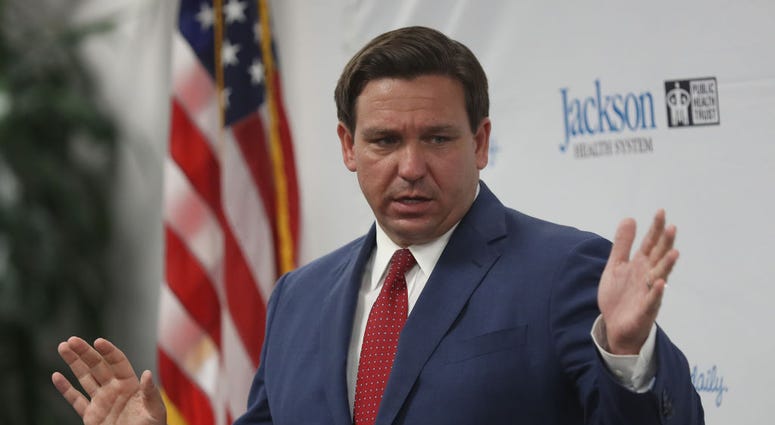 Florida Gov. Ron DeSantis speaks at a new conference on the surge in coronavirus cases in the state held at the Jackson Memorial Hospital on July 13, 2020 in Miami, Florida.