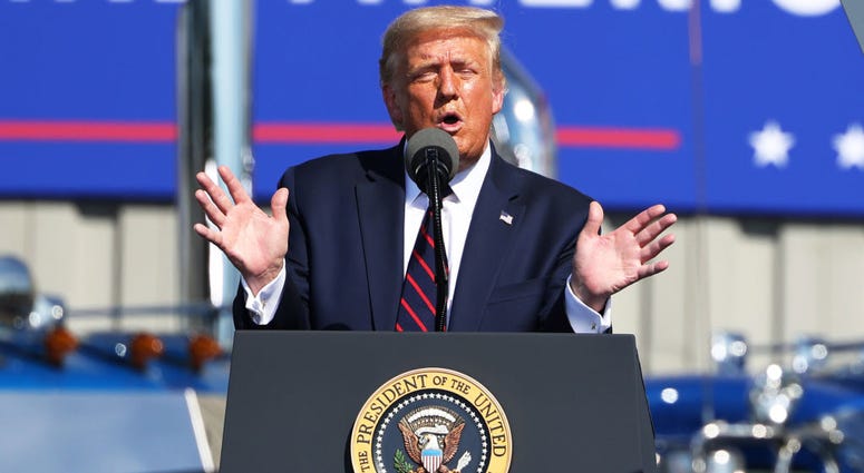 U.S. President Donald J. Trump speaks at his campaign rally on August 20, 2020 in Old Forge, Pennsylvania.