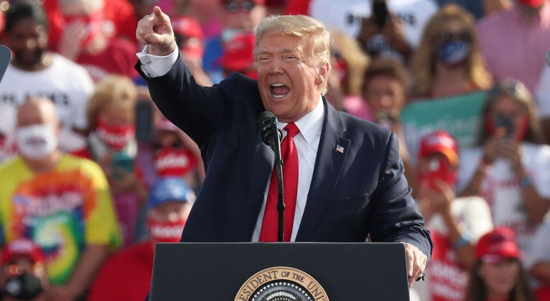 U.S. President Donald Trump speaks during his campaign event at the Ocala International Airport on October 16, 2020 in Ocala, Florida. President Trump continues to campaign against Democratic presidential nominee Joe Biden with 18 days until Election Day.