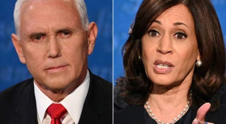 Democratic vice presidential nominee Sen. Kamala Harris (D-CA) and U.S. Vice President Mike Pence participate in the vice presidential debate moderated by Washington Bureau Chief for USA Today Susan Page (C) at the University of Utah on October 7, 2020.