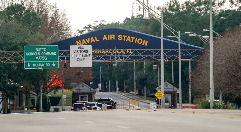 The Pensacola Naval Air Station main gate following a shooting on December 06, 2019 in Pensacola, Florida. The second shooting on a U.S. Naval Base in a week has left three dead plus the suspect and seven people wounded.