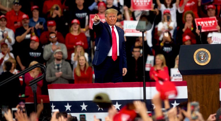 President Donald Trump acknowledges the crowd upon taking the stage during a campaign rally on December 10, 2019 in Hershey, Pennsylvania.