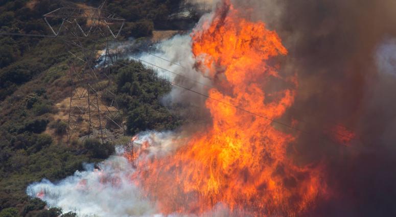 Tall flames rise near a high voltage power line tower at the Blue Cut Fire near Wrightwood, California.