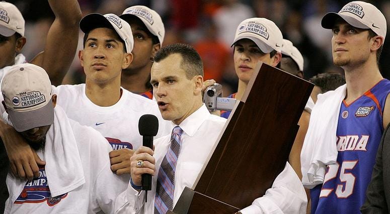 Head coach Billy Donovan of the Florida Gators talks to the fans after defeating the UCLA Bruins 73-57 during the National Championship game of the NCAA Men's Final Four on April 3, 2006 at the RCA Dome in Indianapolis, Indiana.
