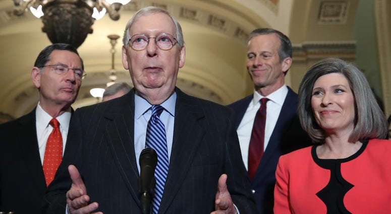 McConnell said he had enough support from his caucus to move forward with the impeachment trial of President Donald Trump. Senate Majority Leader Mitch McConnell (R-KY) (C) talks to reporters after attending the weekly Senate Republicans policy luncheon at the U.S. Capitol January 07, 2020 in Washington, DC.