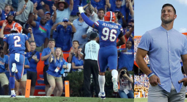 sophomore safety Brad Stewart Jr. intercepted a Joe Burrow pass and returned it 25 yards for a touchdown with just 1:45 to play, on day highlighted by Tim Tebow's introduction into elite Ring Of Honor Florida-LSU 2018