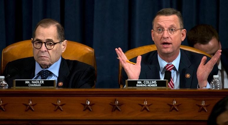 House Judiciary Committee Chairman Jerrold Nadler, (D-NY) listens as ranking member Rep. Doug Collins, R-Ga., speaks during a House Judiciary Committee markup of the articles of impeachment against President Donald Trump, on December 11, 2019.