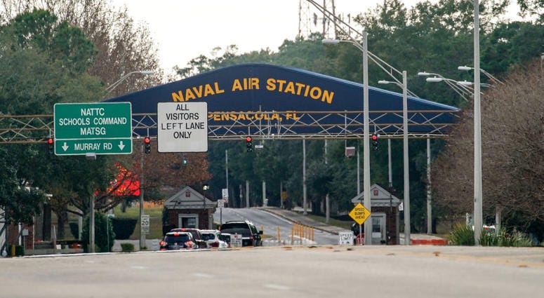 The Pensacola Naval Air Station main gate following a shooting on December 06, 2019 in Pensacola, Florida. The second shooting on a U.S. Naval Base in a week has left three dead plus the suspect and seven people wounded.