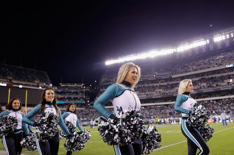PHILADELPHIA, PA - NOVEMBER 11: The Philadelphia Eagles cheerleaders take the field before the game against the Dallas Cowboys at Lincoln Financial Field on November 11, 2018 in Philadelphia, Pennsylvania.