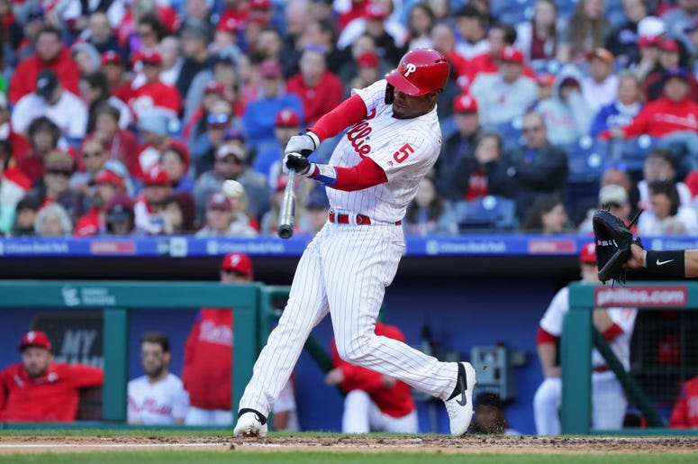 PHILADELPHIA, PA - APRIL 27: Nick Williams #5 of the Philadelphia Phillies hits a solo home run in the second inning during a game against the Miami Marlins at Citizens Bank Park on April 27, 2019 in Philadelphia, Pennsylvania.