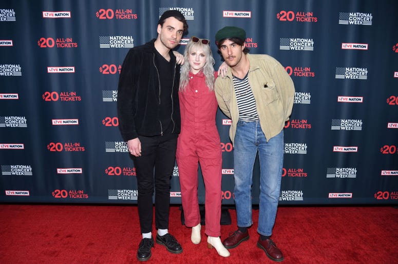 Taylor York, Hayley Williams, and Zac Farro of Paramore attend Live Nation's celebration of the 4th annual National Concert Week at Live Nation on April 30, 2018 in New York City Taylor York, Hayley Williams, and Zac Farro of Paramore attend Live Nation's celebration of the 4th annual National Concert Week at Live Nation on April 30, 2018 in New York City