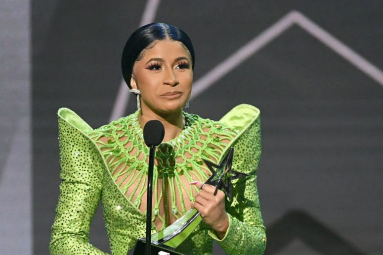 Cardi B Cardi B accepts Album of the Year onstage at the 2019 BET Awards on June 23, 2019 in Los Angeles, California.