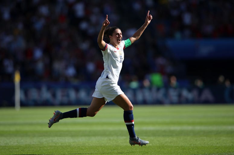 Carli Lloyd Carli Lloyd of the USA celebrates after scoring her team's first goal during the 2019 FIFA Women's World Cup France group F match between USA and Chile at Parc des Princes on June 16, 2019 in Paris, France.