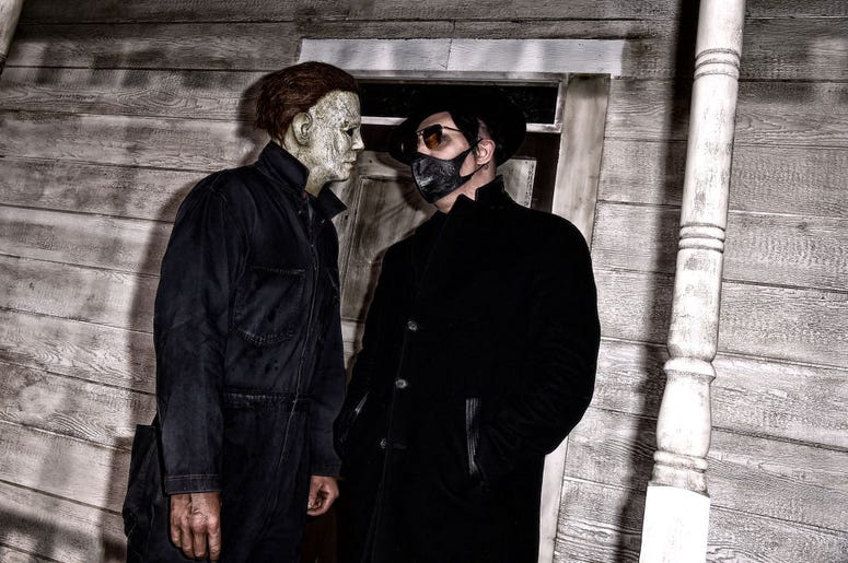 Halloween Marilyn Manson (R) and an actor dressed as the character of Michael Myers attend the Universal Pictures' "Halloween" premiere at TCL Chinese Theatre on October 17, 2018 in Hollywood, California.