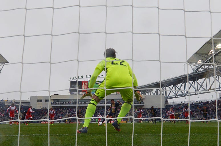Sebastien Le Toux #9 of Philadelphia Union takes a penalty shot on Bobby Shuttleworth #22 of New England Revolution at Talen Energy Stadium on March 20, 2016 in Chester, Pennsylvania. The Union won 3-0.