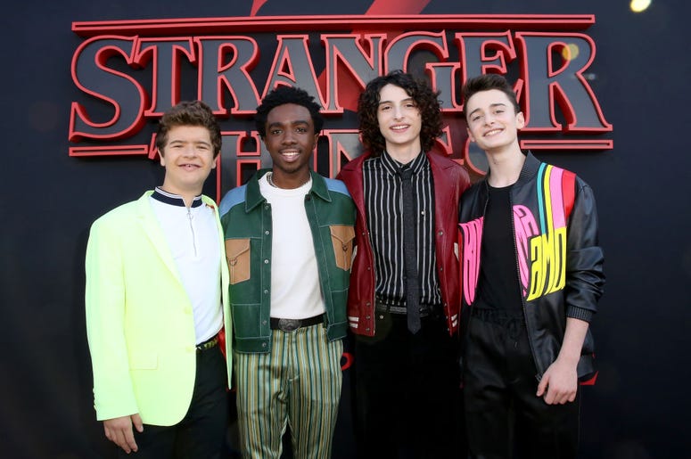 Gaten Matarazzo, Caleb McLaughlin, Finn Wolfhard, and Noah Schnapp SANTA MONICA, CALIFORNIA - JUNE 28: (L-R) Gaten Matarazzo, Caleb McLaughlin, Finn Wolfhard, and Noah Schnapp attend the "Stranger Things" Season 3 World Premiere on June 28, 2019 in Santa Monica, California.
