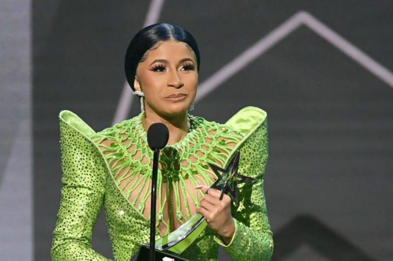 Cardi B Cardi B accepts Album of the Year onstage at the 2019 BET Awards on June 23, 2019 in Los Angeles, California.