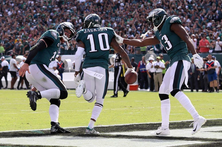 DeSean Jackson DeSean Jackson #10 of the Philadelphia Eagles celebrates with quarterback Carson Wentz #11 after the pair connected for a third quarter touchdown pass against the Washington Redskins at Lincoln Financial Field on September 08, 2019 in Philadelphia, Pennsy