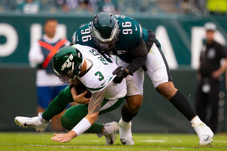 Eagles vs. Jets Derek Barnett #96 of the Philadelphia Eagles sacks David Fales #3 of the New York Jets in the fourth quarter at Lincoln Financial Field on October 6, 2019 in Philadelphia, Pennsylvania. The Eagles defeated the Jets 31-6.