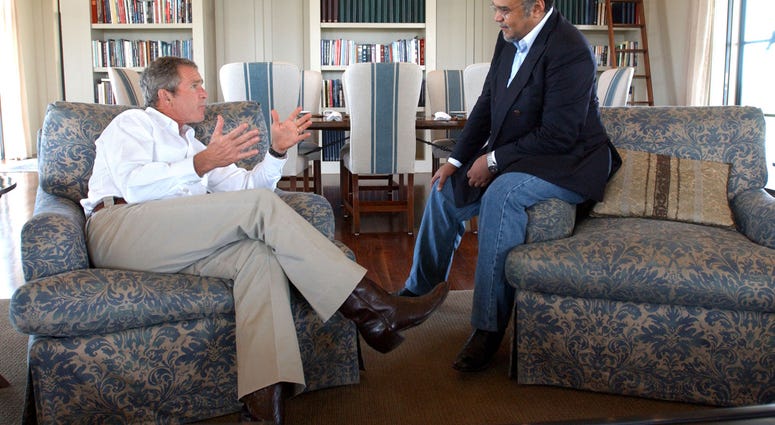 President George W. Bush meets with Prince Bandar bin Sultan, the Saudi Arabian ambassador, August 27, 2002 at Bush's Ranch in Crawford, Texas. Bush promised to consult Saudi Arabia and others as he reaches a decision about whether to attack Iraq. President George W. Bush meets with Prince Bandar bin Sultan, the Saudi Arabian ambassador, August 27, 2002 at Bush's Ranch in Crawford, Texas. Bush promised to consult Saudi Arabia and others as he reaches a decision about whether to attack Iraq.