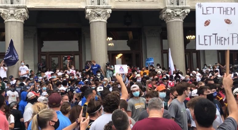 CT high school football players, families, coaches rally at the State Capitol, 9/9/20. They're seeking reversal of CIAC's cancellation of season. CT high school football players, families, coaches rally at the State Capitol, 9/9/20. They're seeking reversal of CIAC's cancellation of season.