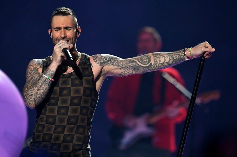 Adam Levine of Maroon 5 performs during the Pepsi Super Bowl LIII Halftime Show Adam Levine of Maroon 5 performs during the Pepsi Super Bowl LIII Halftime Show