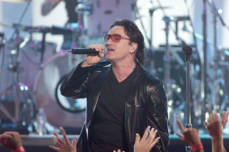 Lead singer of U2, Bono, performs live at the My VH1 Music Awards at the Shrine Auditorium, Thursday, November 30, 2000 Lead singer of U2, Bono, performs live at the My VH1 Music Awards at the Shrine Auditorium, Thursday, November 30, 2000