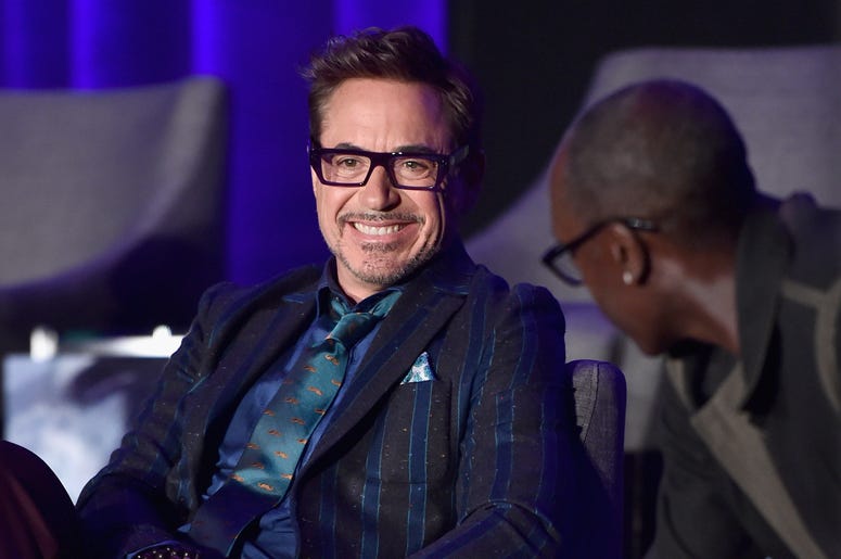 Robert Downey Jr. (L) and Don Cheadle speak onstage during Marvel Studios' 'Avengers: Endgame' Global Junket Press Conference at the InterContinental Los Angeles Downtown on April 7, 2019 in Los Angeles, California. Robert Downey Jr. (L) and Don Cheadle speak onstage during Marvel Studios' 'Avengers: Endgame' Global Junket Press Conference at the InterContinental Los Angeles Downtown on April 7, 2019 in Los Angeles, California.