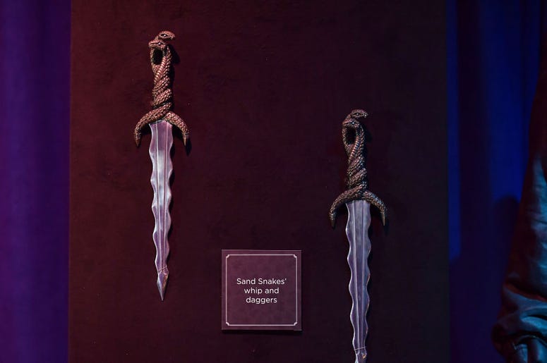 Sand Snakes' daggers can be seen on display at the Game Of Thrones: The Touring Exhibition press launch at Titanic Exhibition Centre on April 10, 2019 in Belfast, Northern Ireland. Sand Snakes' daggers can be seen on display at the Game Of Thrones: The Touring Exhibition press launch at Titanic Exhibition Centre on April 10, 2019 in Belfast, Northern Ireland.