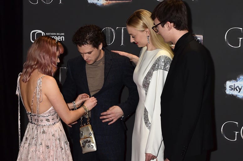 Maisie Williams, Kit Harington, Sophie Turner and Isaac Hempstead Wright attend the 'Game of Thrones' Season 8 screening at the Waterfront Hall on April 12, 2019 in Belfast, Northern Ireland. Maisie Williams, Kit Harington, Sophie Turner and Isaac Hempstead Wright attend the 'Game of Thrones' Season 8 screening at the Waterfront Hall on April 12, 2019 in Belfast, Northern Ireland.