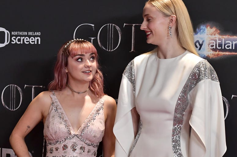 Maisie Williams and Sophie Turner attend the 'Game of Thrones' Season 8 screening at the Waterfront Hall on April 12, 2019 in Belfast, Northern Ireland. Maisie Williams and Sophie Turner attend the 'Game of Thrones' Season 8 screening at the Waterfront Hall on April 12, 2019 in Belfast, Northern Ireland.