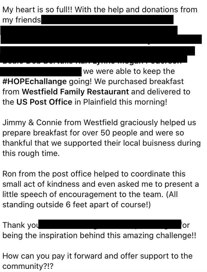 HOPE Challenge, Plainfield, Local Restaurants, Essential Service Workers