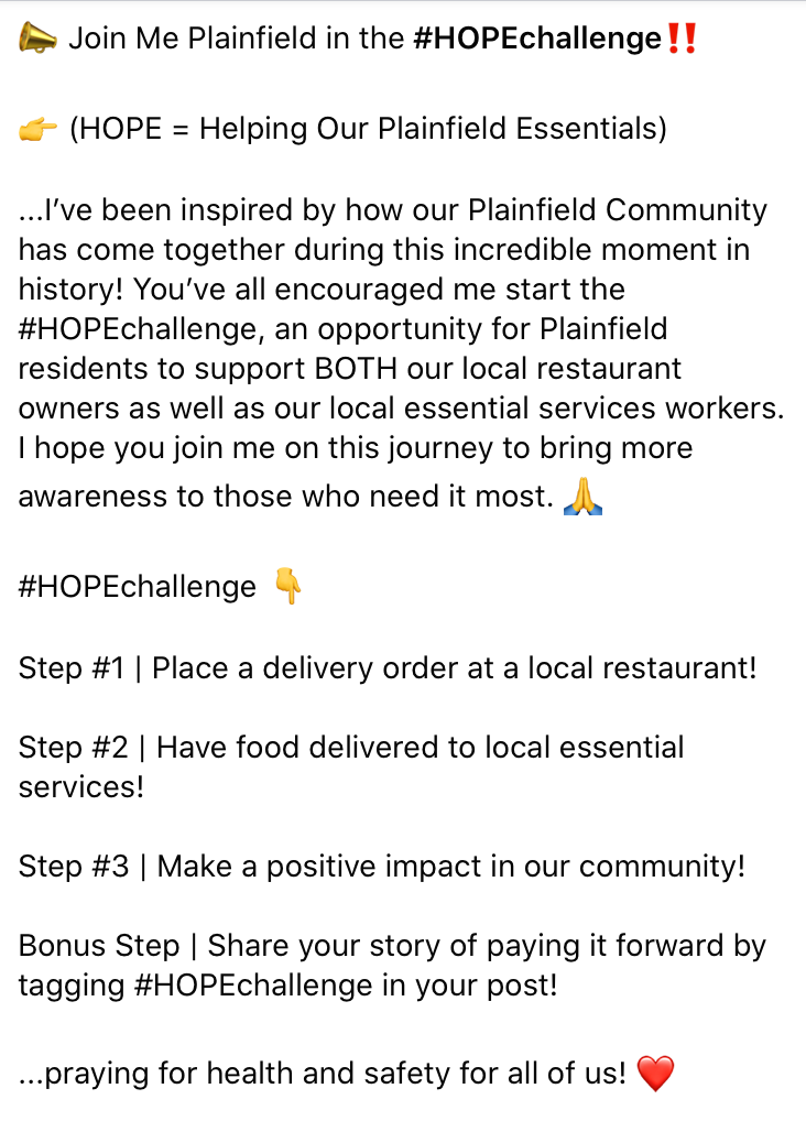 HOPE Challenge, Plainfield, Local Restaurants, Essential Service Workers