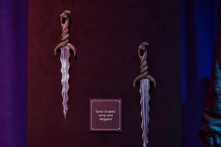 Sand Snakes' daggers can be seen on display at the Game Of Thrones: The Touring Exhibition press launch at Titanic Exhibition Centre on April 10, 2019 in Belfast, Northern Ireland. Sand Snakes' daggers can be seen on display at the Game Of Thrones: The Touring Exhibition press launch at Titanic Exhibition Centre on April 10, 2019 in Belfast, Northern Ireland.