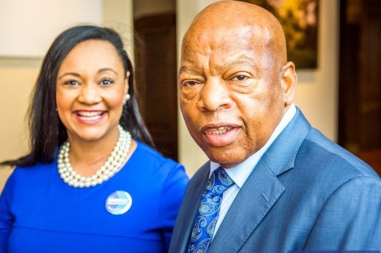 Georgia Democratic Party Chair Sen. Nikema Williams (l) will replace Rep John Lewis (r) on the ballot in November following his death Georgia Democratic Party Chair Sen. Nikema Williams (l) will replace Rep John Lewis (r) on the ballot in November following his death