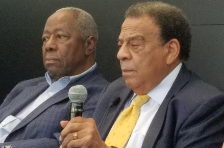 Civil Rights legend Andrew Young (r) is shown with homerun great and businessman Hank Aaron in a 2016 photo.