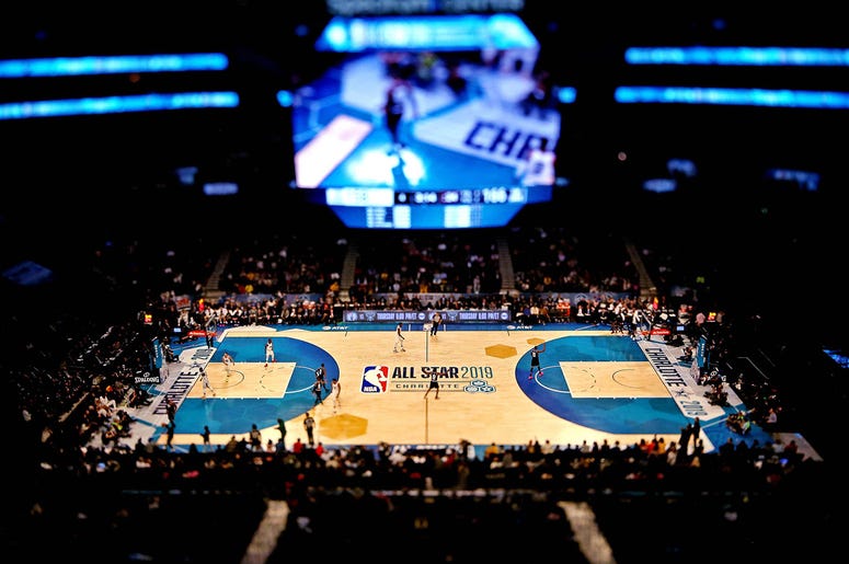 A shot of the court from the 2019 NBA All-Star Game in Charlotte, North Carolina A shot of the court from the 2019 NBA All-Star Game in Charlotte, North Carolina