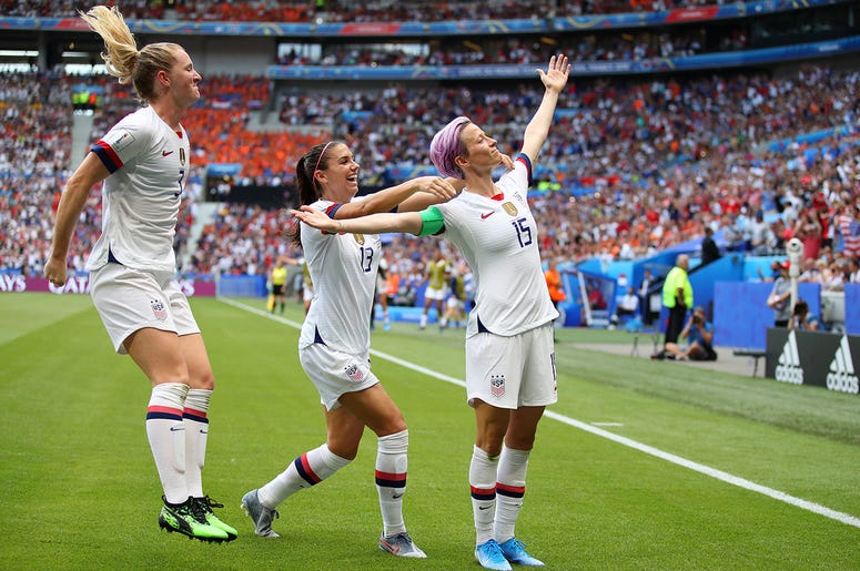Megan Rapinoe of the USA celebrates with teammates after scoring her team's first goal during the 2019 FIFA Women's World Cup France Final match between The United States of America and The Netherlands at Stade de Lyon on July 07, 2019 in Lyon, France. Megan Rapinoe of the USA celebrates with teammates after scoring her team's first goal during the 2019 FIFA Women's World Cup France Final match between The United States of America and The Netherlands at Stade de Lyon on July 07, 2019 in Lyon, France.