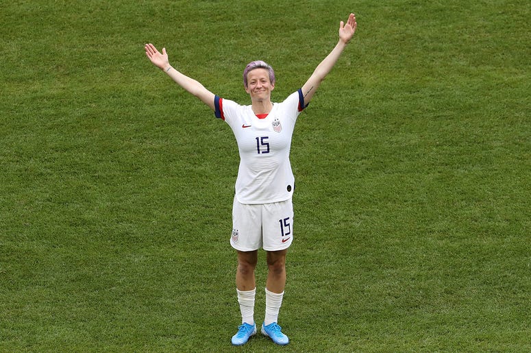Megan Rapinoe of the USA celebrates with teammates after scoring her team's first goal during the 2019 FIFA Women's World Cup France Final match between The United States of America and The Netherlands at Stade de Lyon on July 07, 2019 in Lyon, France. Megan Rapinoe of the USA celebrates with teammates after scoring her team's first goal during the 2019 FIFA Women's World Cup France Final match between The United States of America and The Netherlands at Stade de Lyon on July 07, 2019 in Lyon, France.