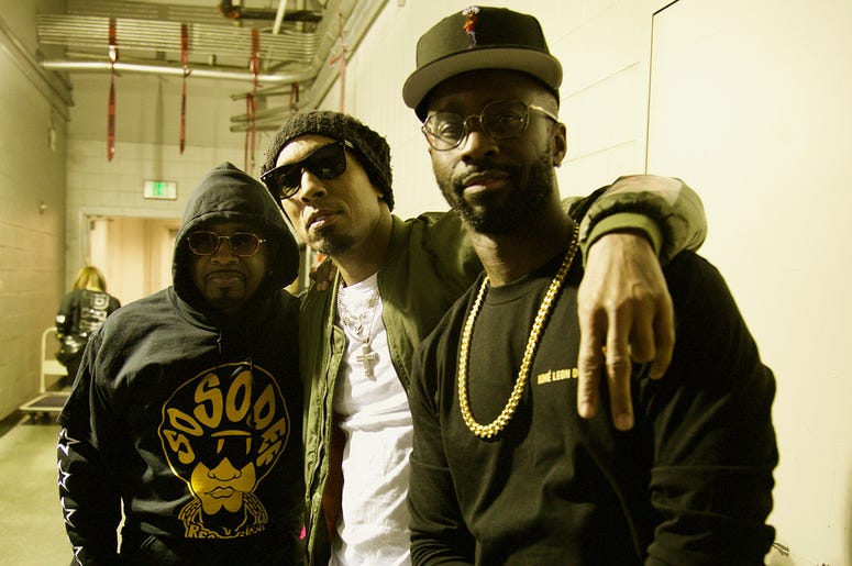 Jermaine Dupri, Dallas Austin and Bryan-Michael Cox backstage at State Farm Arena Jermaine Dupri, Dallas Austin and Bryan-Michael Cox backstage at State Farm Arena